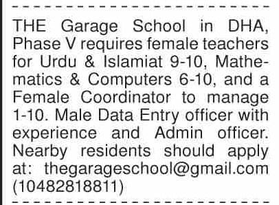 Urgent The Garage School Teaching Jobs Required