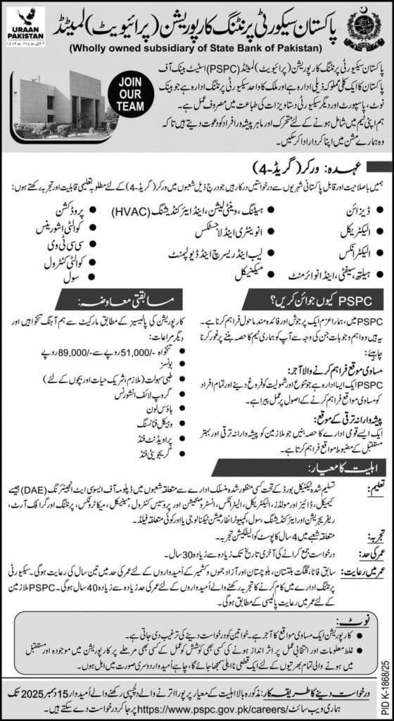 Worker Grade 04 PSPC Jobs 2025 Pakistan Security Printing Corporation