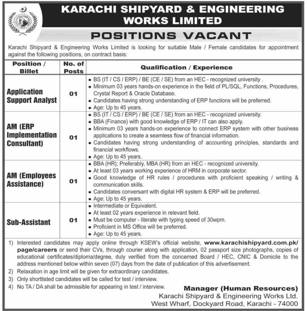 Karachi Shipyard and Engineering Works Limited KSEW Jobs in Sindh 1 Karachi Shipyard and Engineering Works Limited KSEW Jobs in Sindh