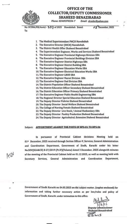 BPS-01 to BPS-04 Jobs Announced by Deputy Commissioner Shaheed Benazirabad – Official Notification 2025