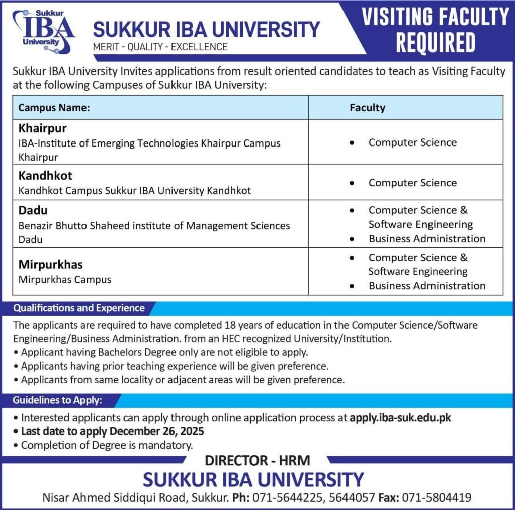 Visiting Faculty Jobs at Sukkur IBA 2026 1 Visiting Faculty Jobs at Sukkur IBA 2026