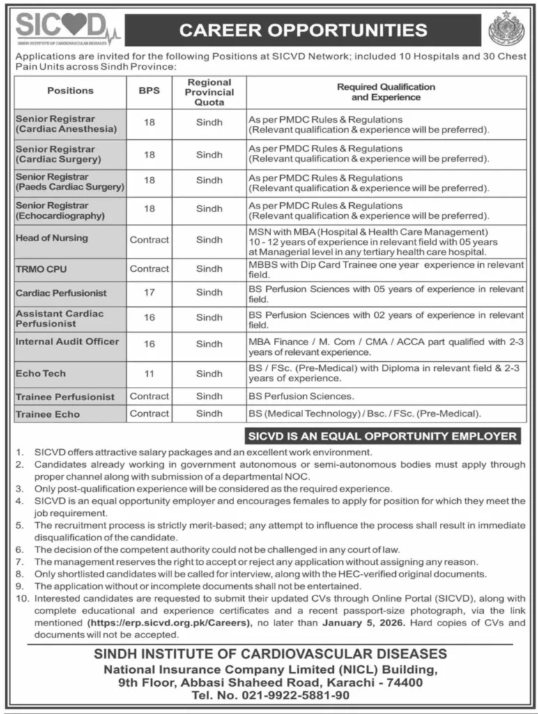 Jobs at SICVD Sindh Institute of Cardiovascular Disease 2026