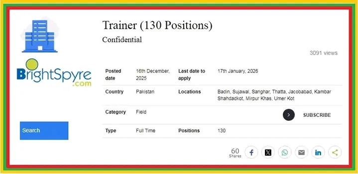 Trainer Jobs at NGO in Pakistan 2026