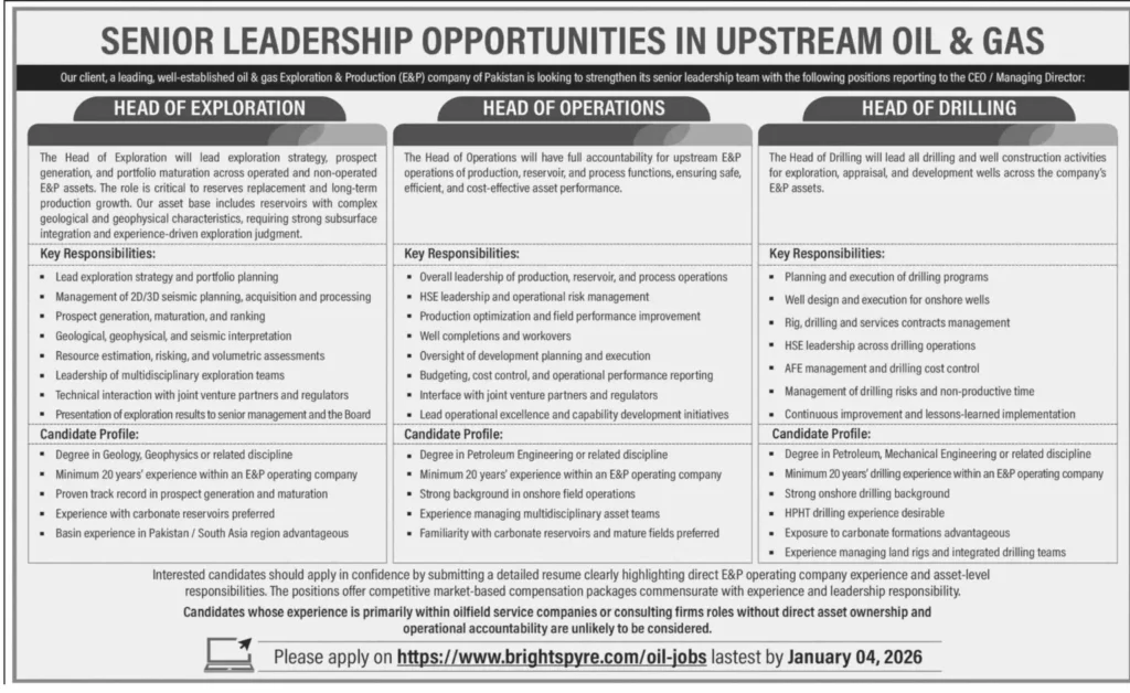 Senior Leadership Jobs at Oil and Gas 2026