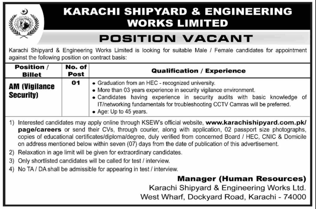 Karachi Shipyard And Engineering Works Limited Jobs 2026