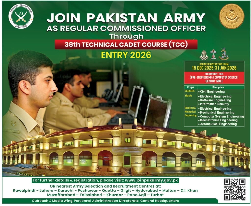 38th Technical Cadet Course Jobs At Pakistan Army 2026