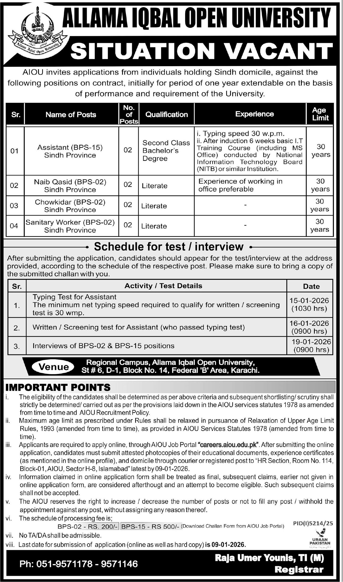 Allama Iqbal Open University AIOU Jobs in Sindh 2026