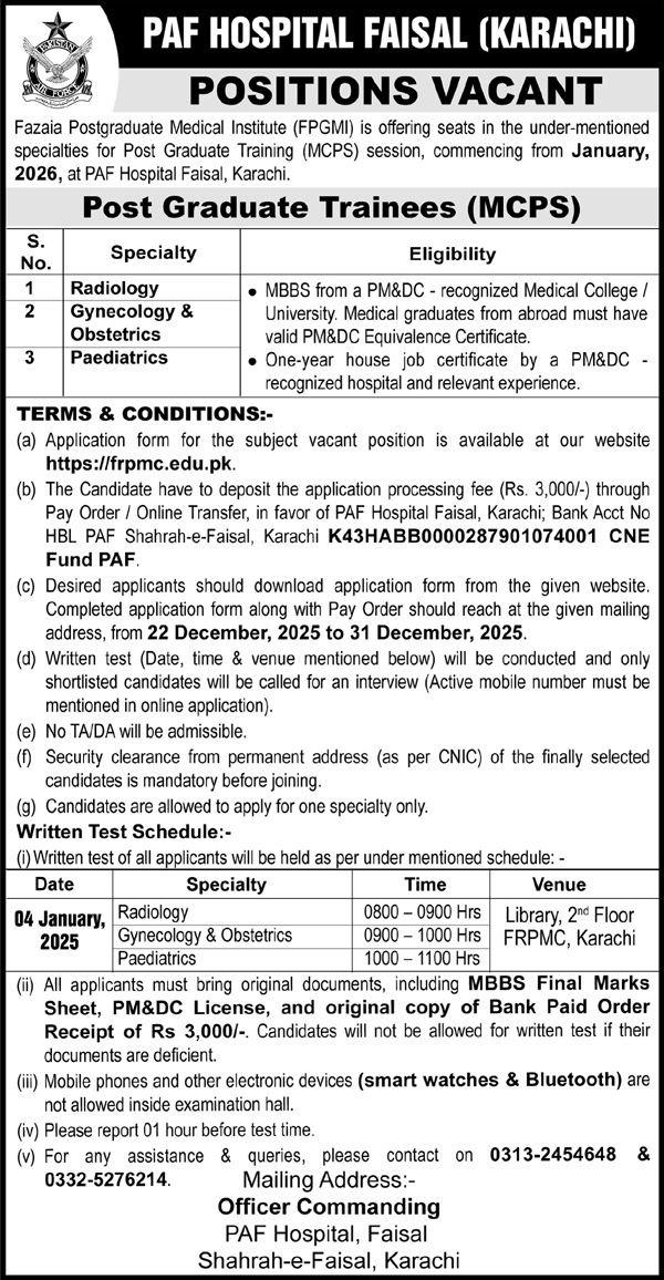 Apply Now For Jobs at PAF Hospital Karachi 2026