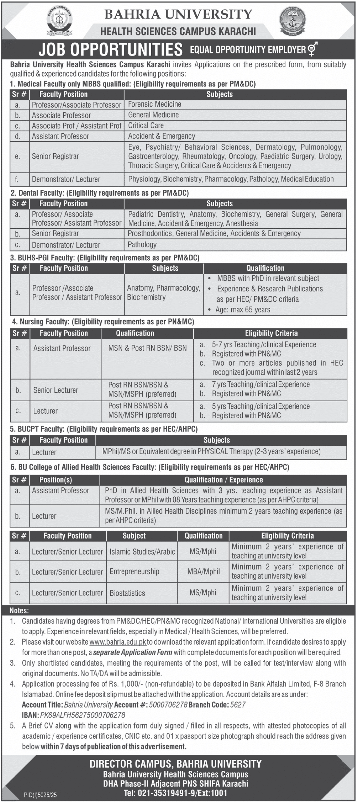 Bahria University BU Health Sciences Karachi Jobs 2026