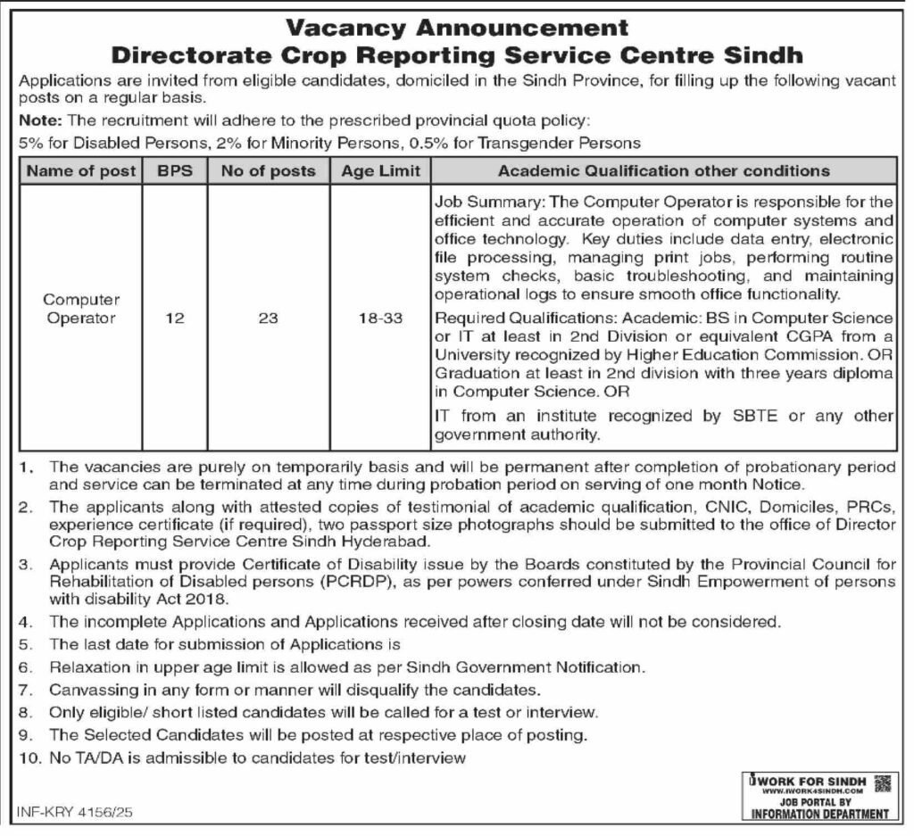 Computer Operator Jobs at Sindh Crop Reporting Service Centre 2026