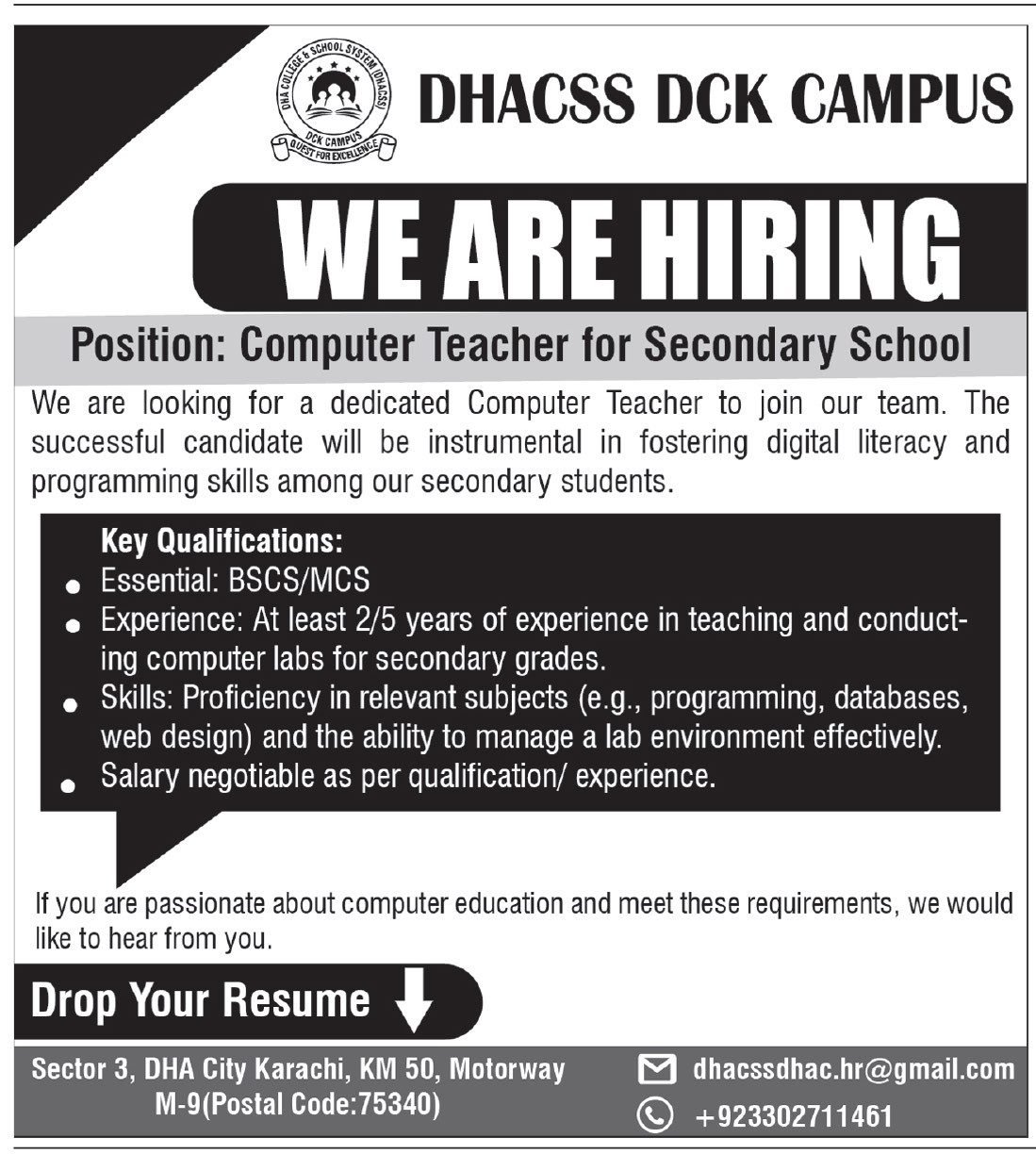 DHA College and School System DHACSS Jobs in Sindh 2025