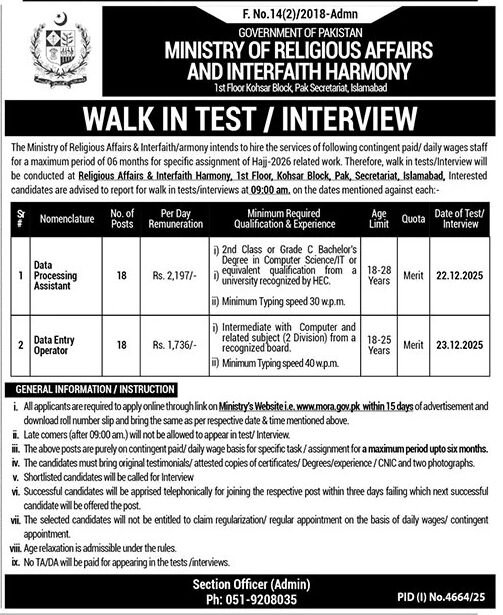 Data Entry Operator Jobs At Ministry Of Religious Affairs