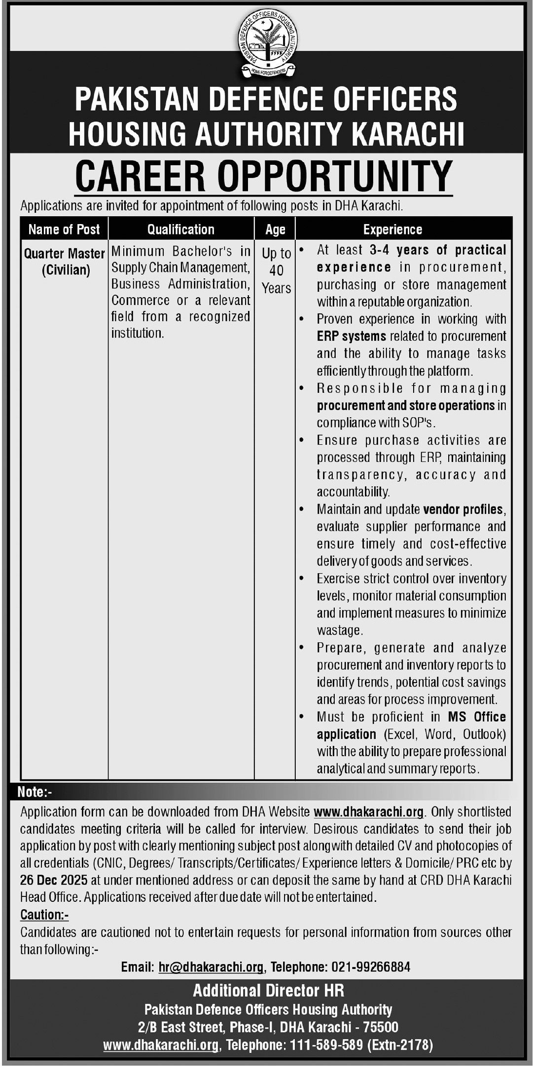 Defence Officers Housing Authority DHA Jobs 2026