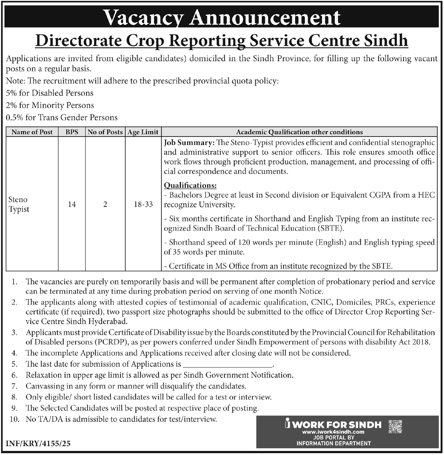 Directorate Crop Reporting Service Center Sindh Jobs Apply Now