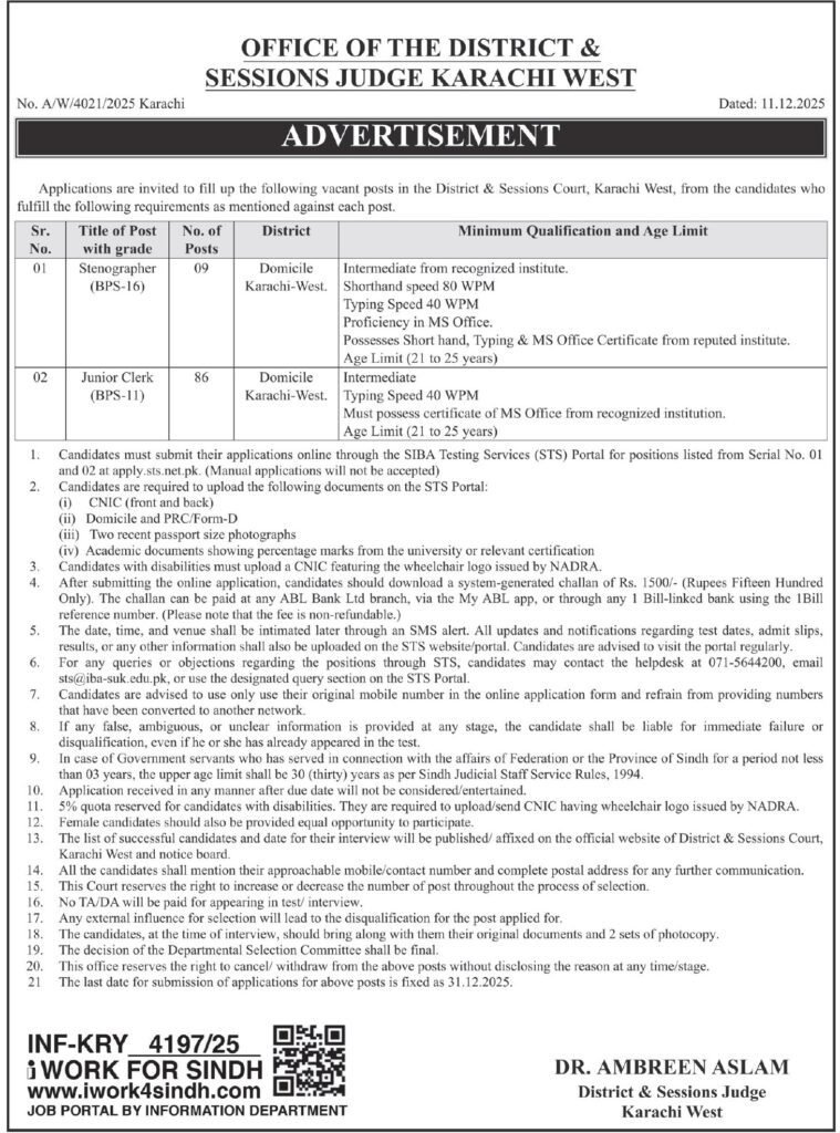 District And Session Court Karachi Announces Vacancies for Clerk and Stenographer Apply by 31 December 2025