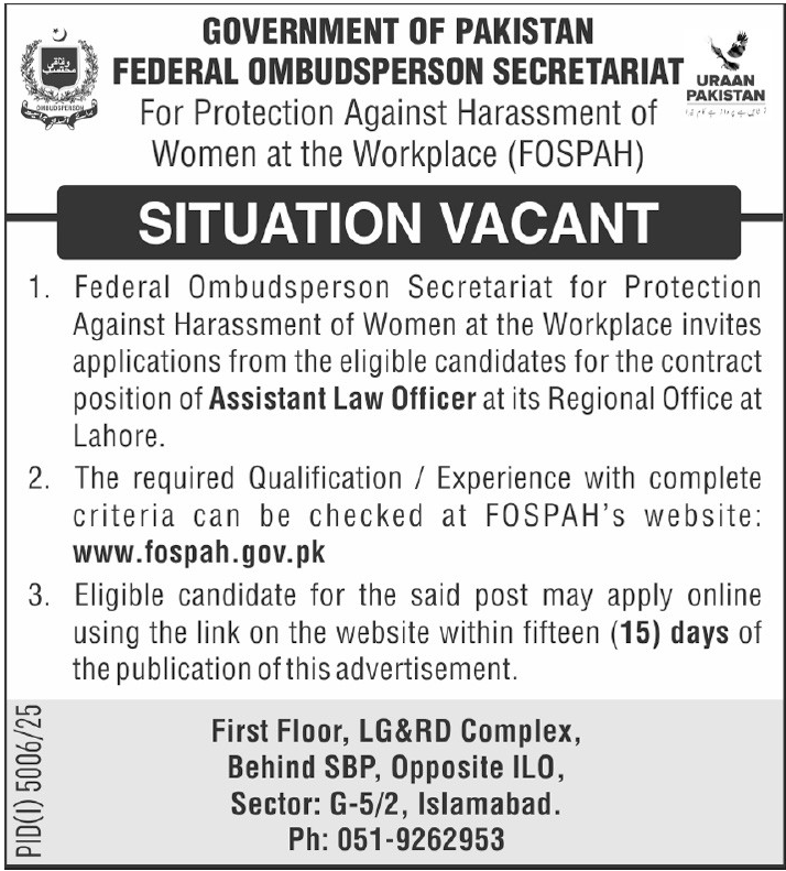 Federal Ombudsperson Secretariat Jobs in Pakistan 2026