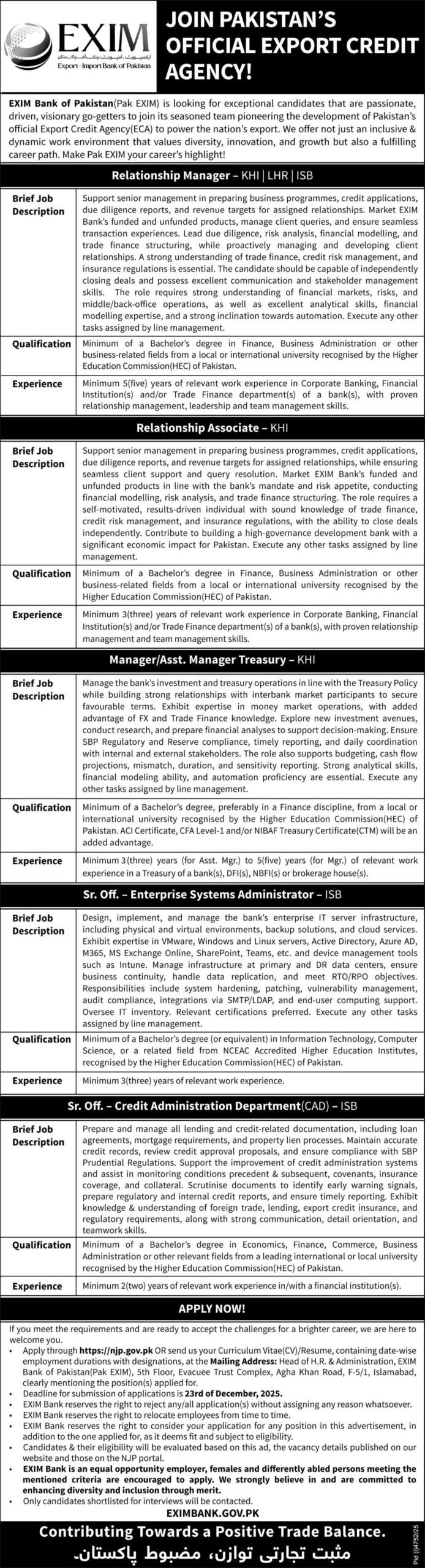 Exim Bank Of Pakistan Jobs in Sindh Apply Now