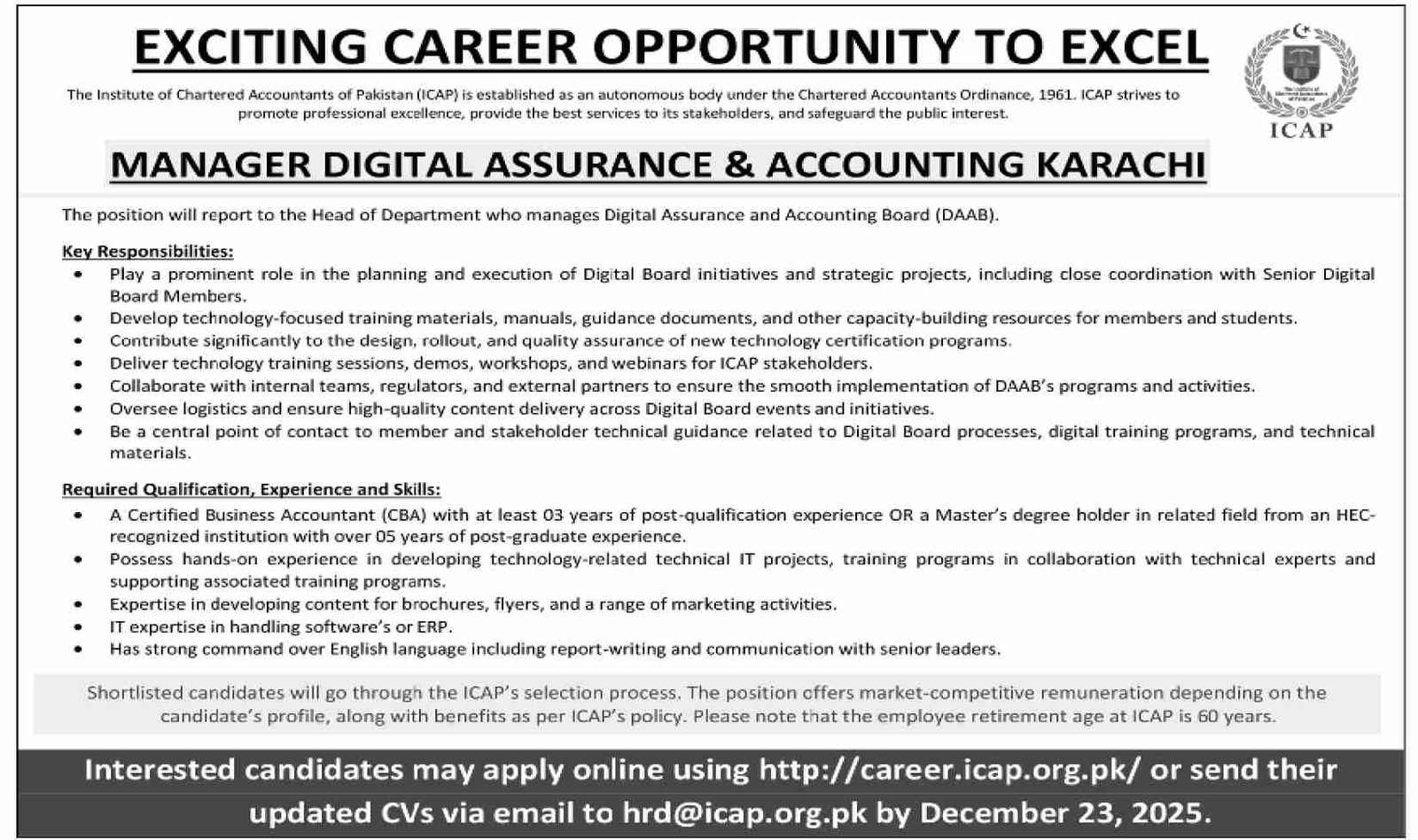 Apply Now For ICAP Jobs at Institute Of Chartered Accountants