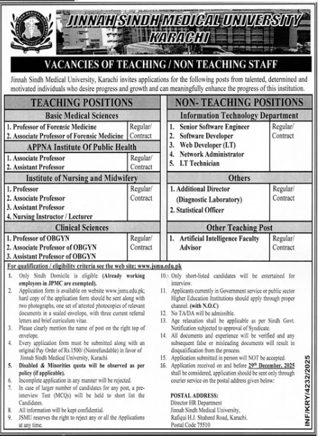 Job Opportunities at Jinnah Medical University 2026