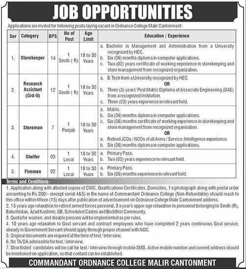 Job Vacancies At Ordnance College in Sindh