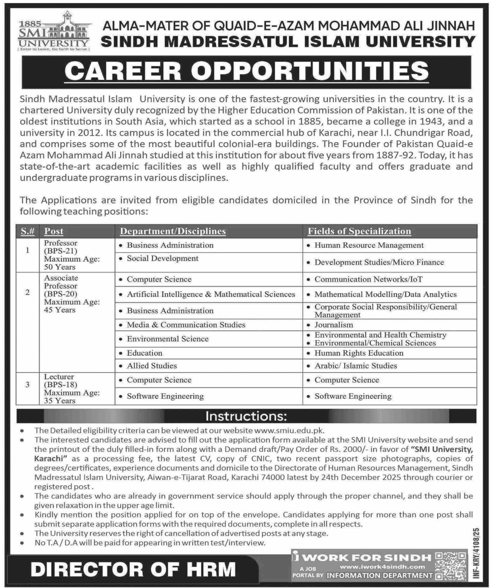 Job Vacancies At Sindh Madressatul Islam University