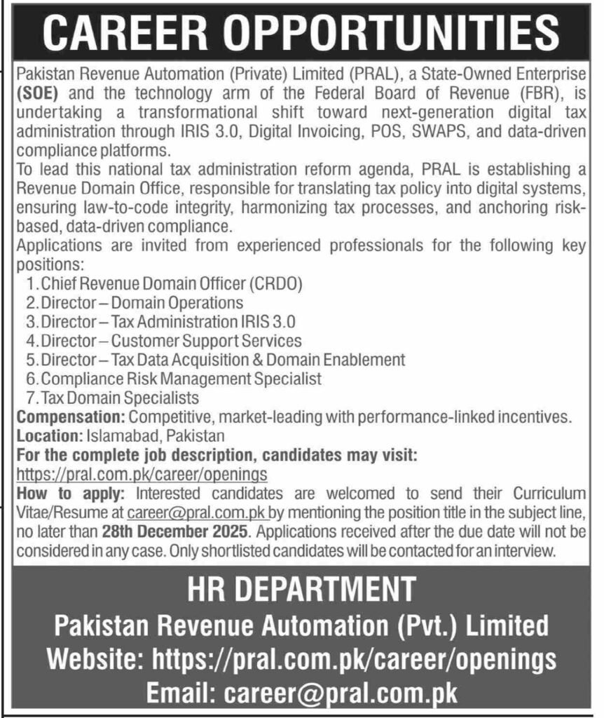 Jobs At Pakistan Revenue Automation Limited PRAL 2026