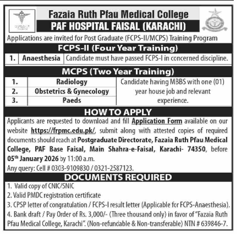 Jobs at Fazaia Ruth PFAU Medical College Karachi 2026