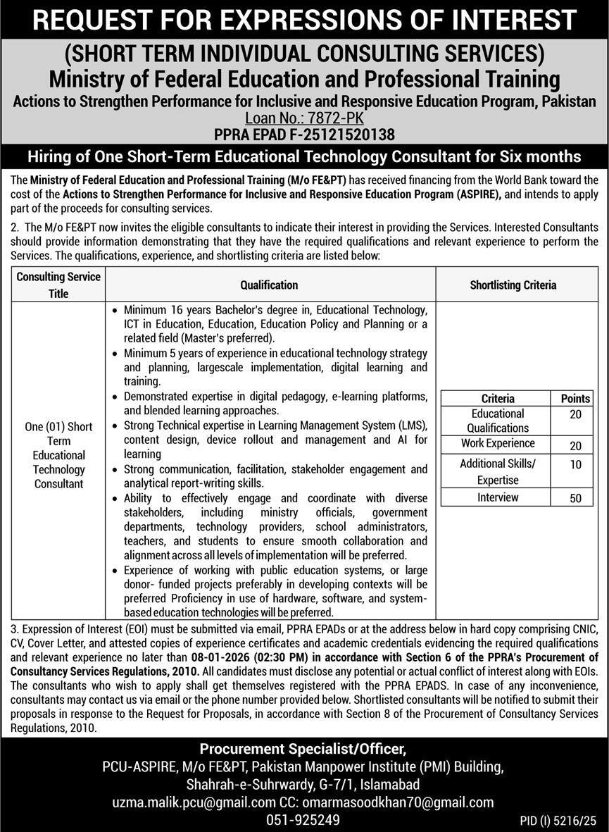 Jobs at Ministry Of Federal Education and Professional Training 2026