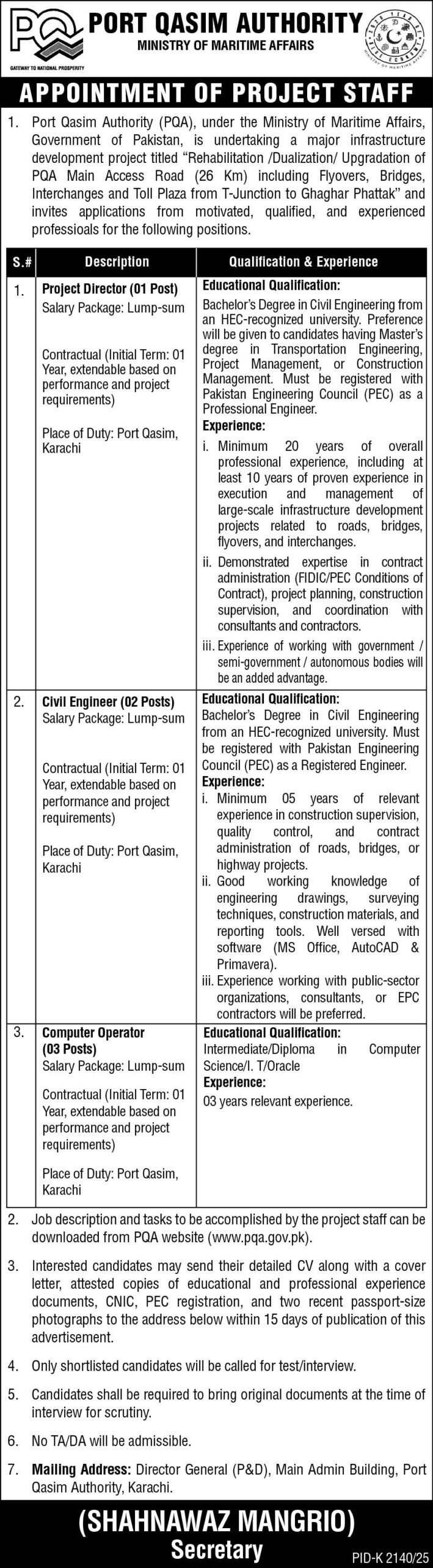 Jobs at Port Qasim Authority PQA 2026