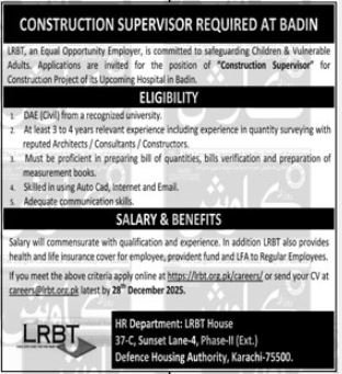 LRBT Secondary Eye Hospital Badin Jobs 2026