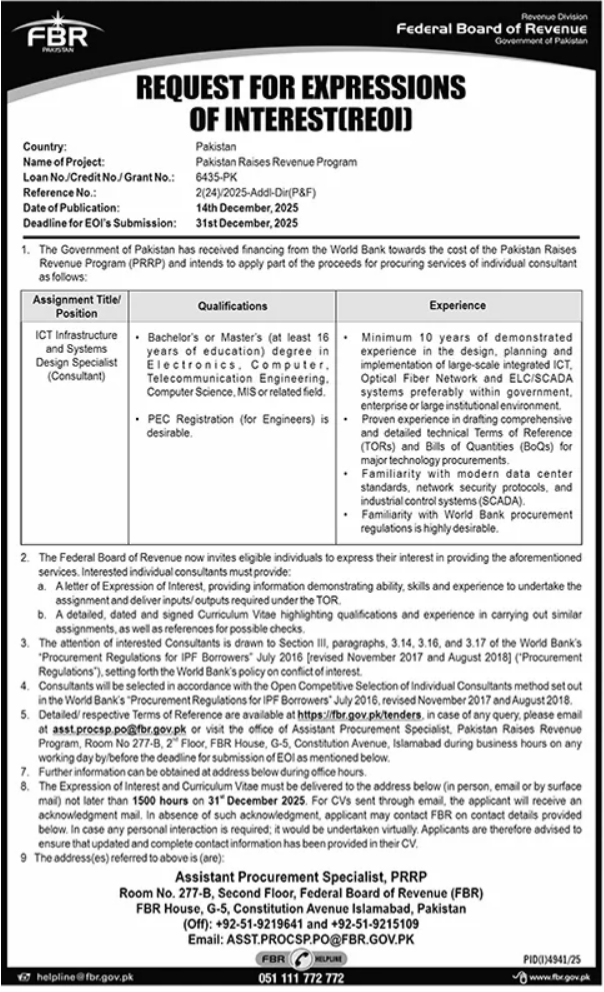Latest Federal Board Of Revenue FBR Jobs 2026