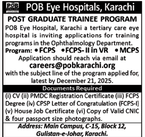 Latest POB Eye Hospital Medical Jobs in Karachi 2026