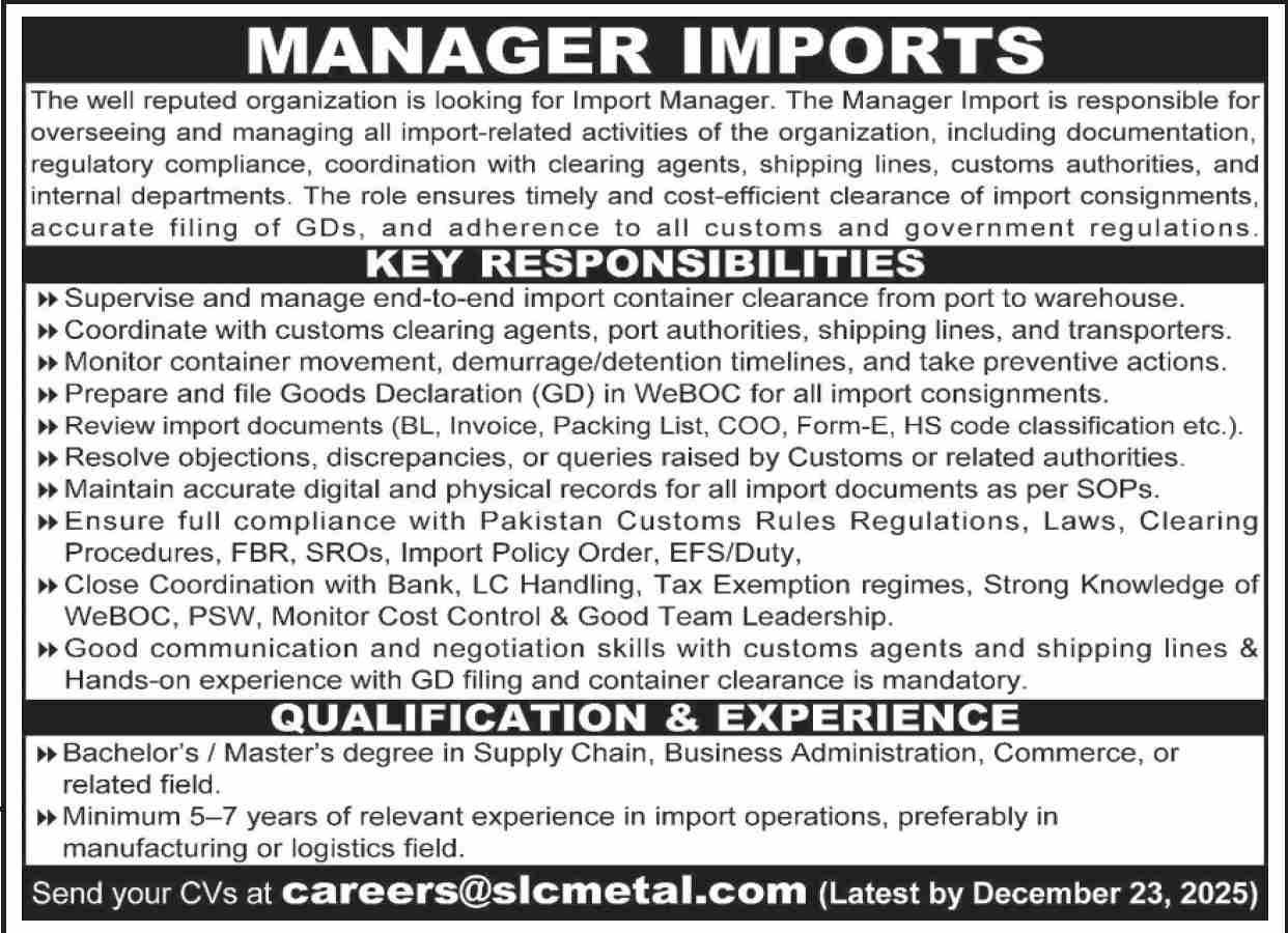 Manager Imports Jobs At Private Organization Limited