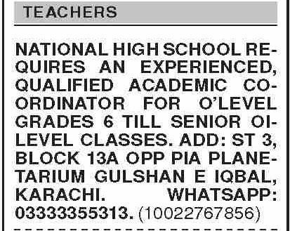 National High School NHS Teaching Jobs in Karachi 2026