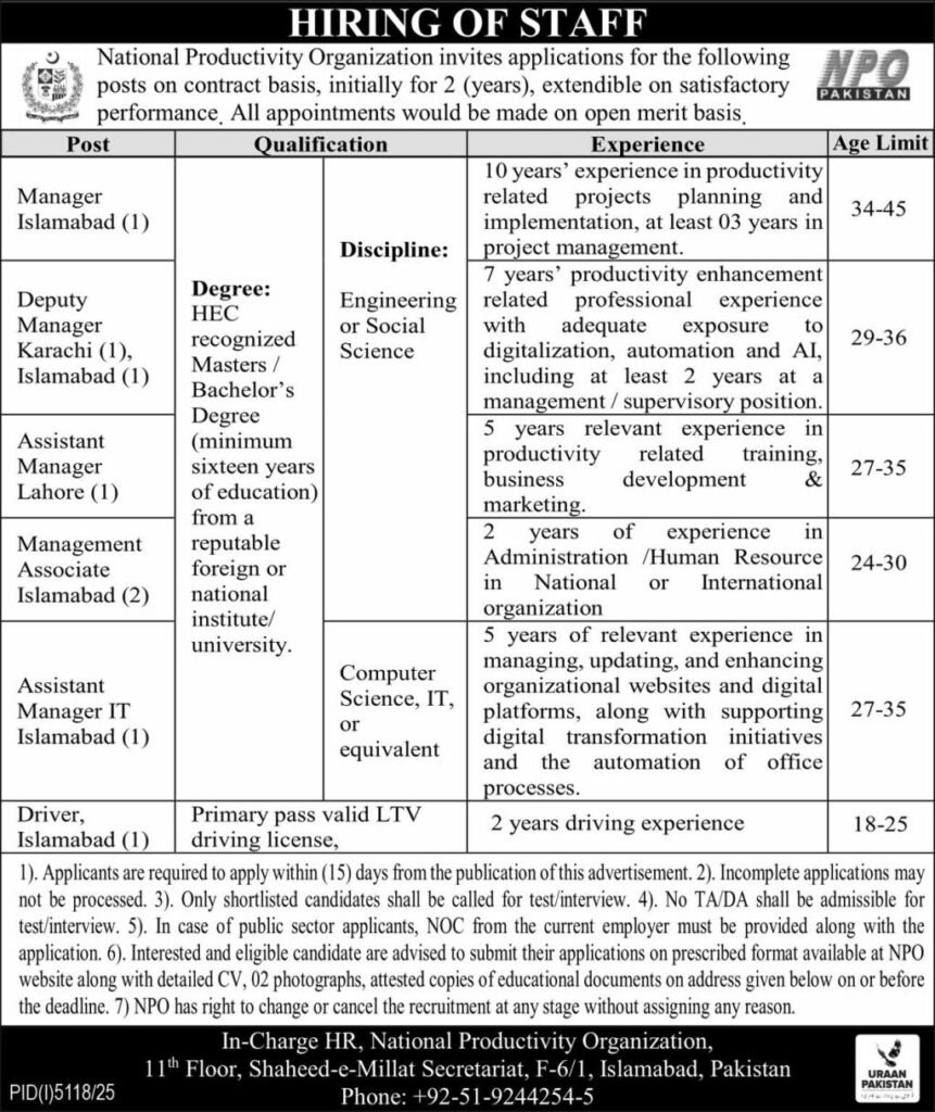 National Productivity Organization NPO Jobs 2026