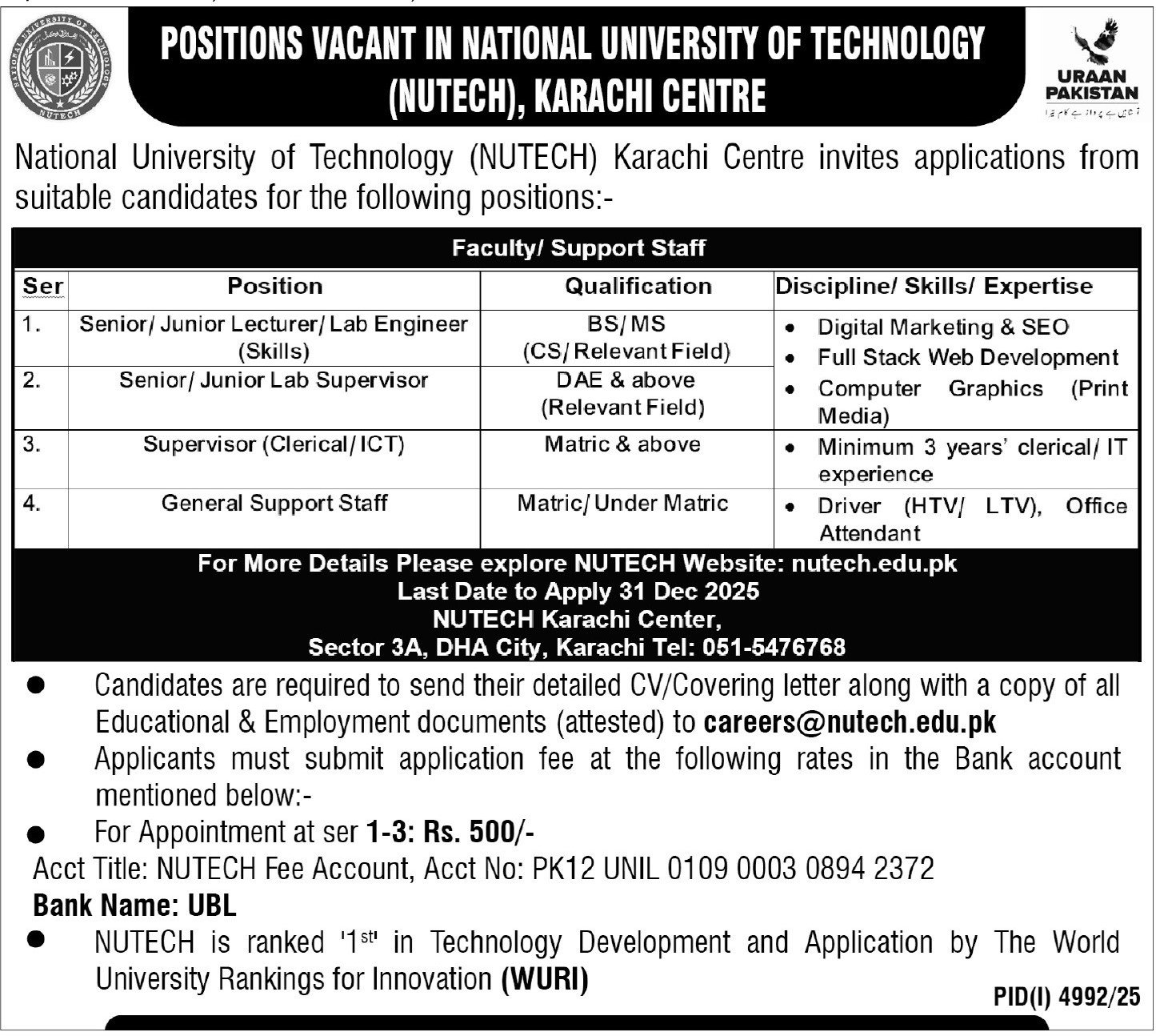 National University Of Technology NUTECH Karachi Jobs 2026