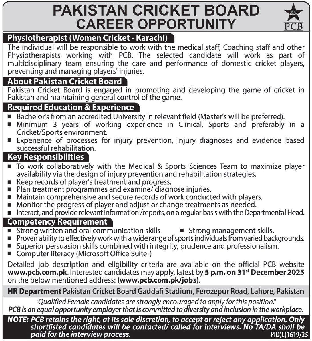 Pakistan Cricket Board PCB Jobs in Sindh 2026