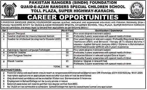 Pakistan Rangers Sindh Special Children School Jobs 2026
