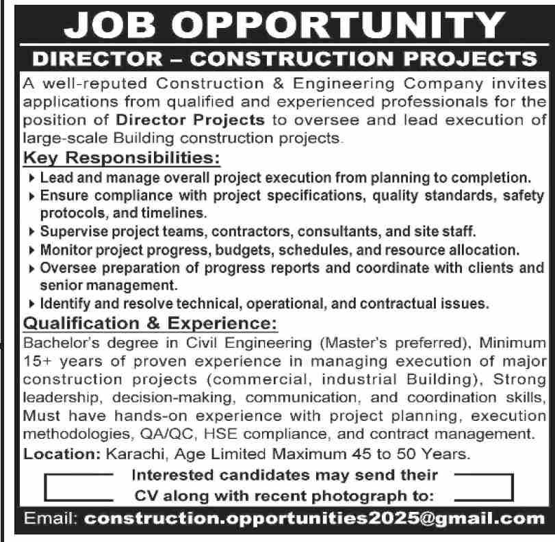 Project Director Jobs At Construction Engineering Company Limited