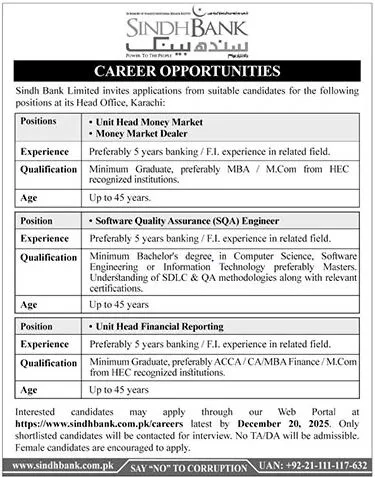 Sindh Bank Careers Karachi IT Jobs 2026