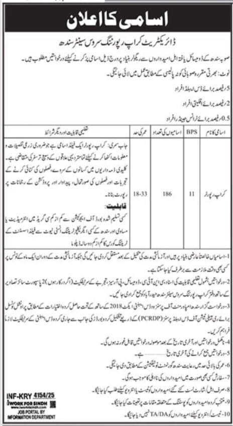 Govt Sindh Directorate Crop Reporting Service Center Jobs New