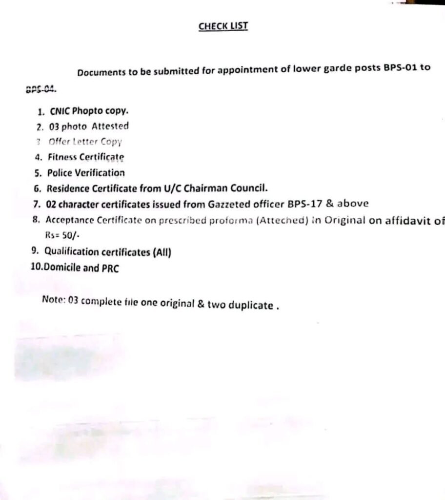 Checklist of Documents for Appointment to Lower Grade Posts BPS-01 to BPS-04