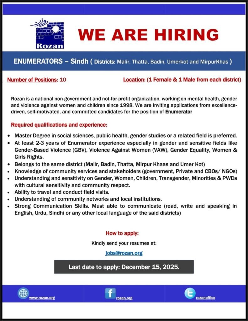 Enumerators Vital NGO Jobs in Sindh