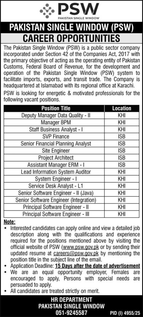 PSW Jobs at Pakistan Single Window 2026