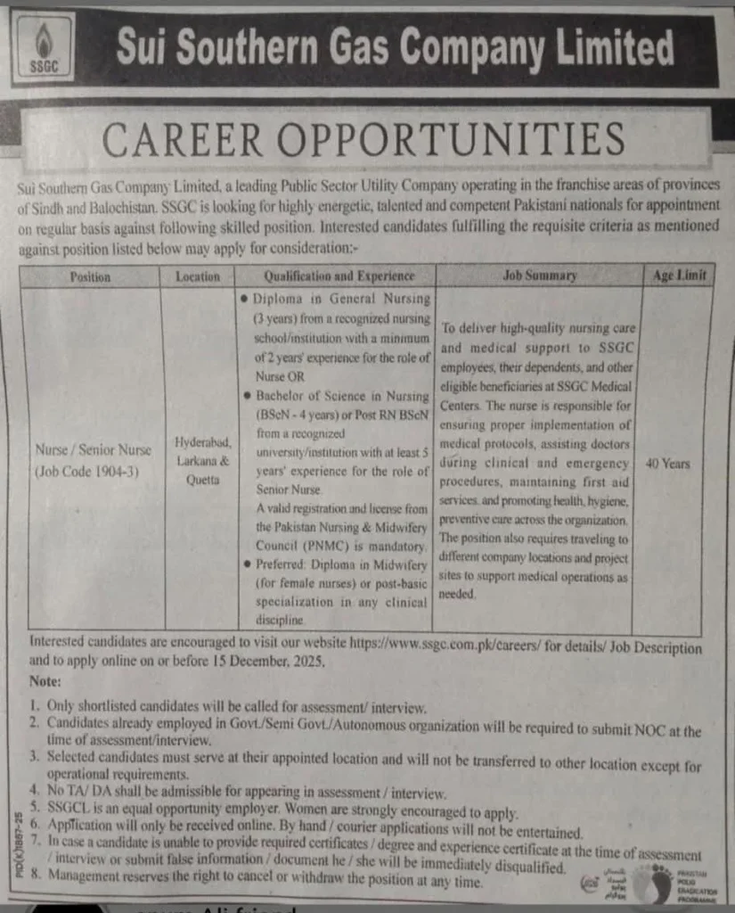 Sui Southern Gas Company Limited SSGC Nurse Jobs