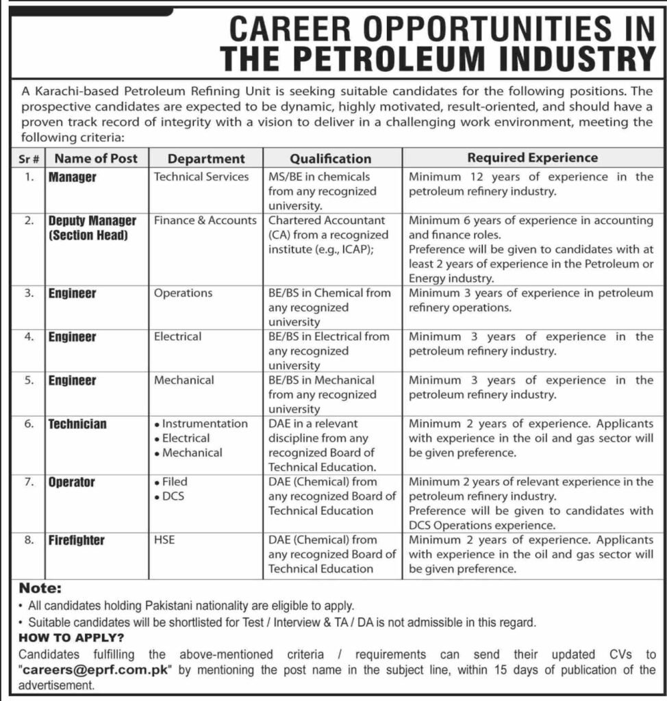 Jobs at Petroleum Industry Karachi 2026