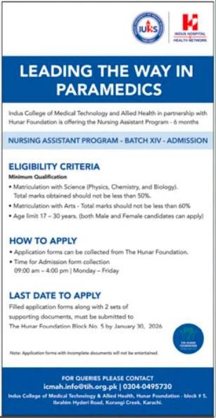 Indus College Of Medical Technology ICMAH Jobs 2026