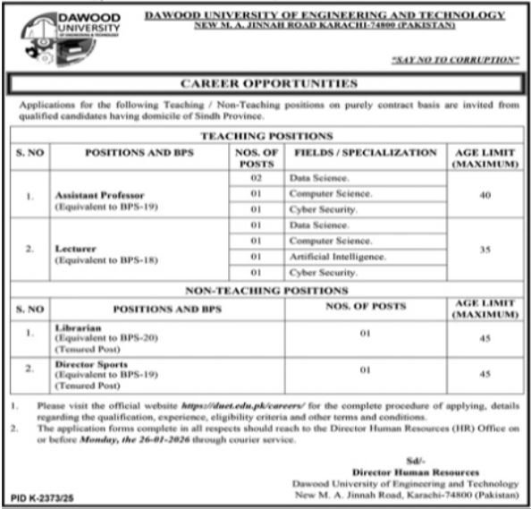 DUET Jobs at Dawood University Of Engineering and Technology