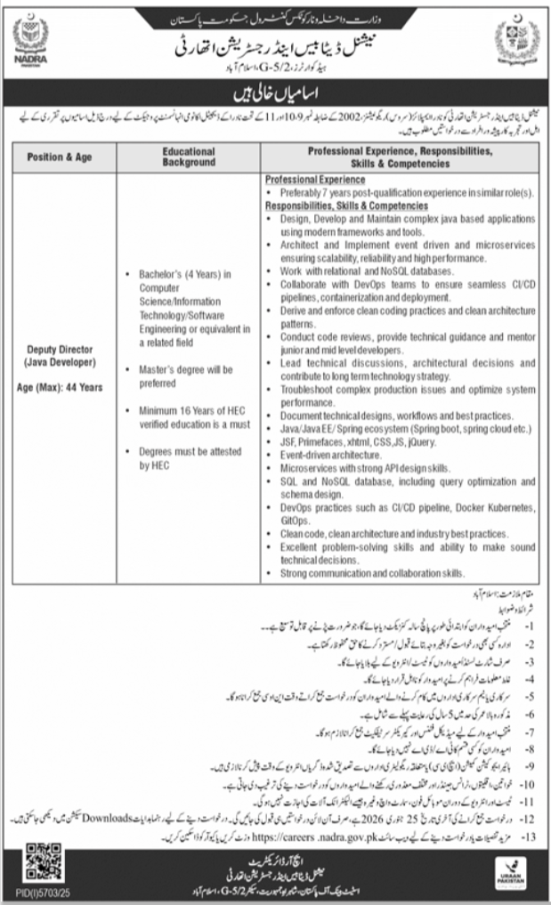 Deputy Director Java Developer Jobs at NADRA 2026