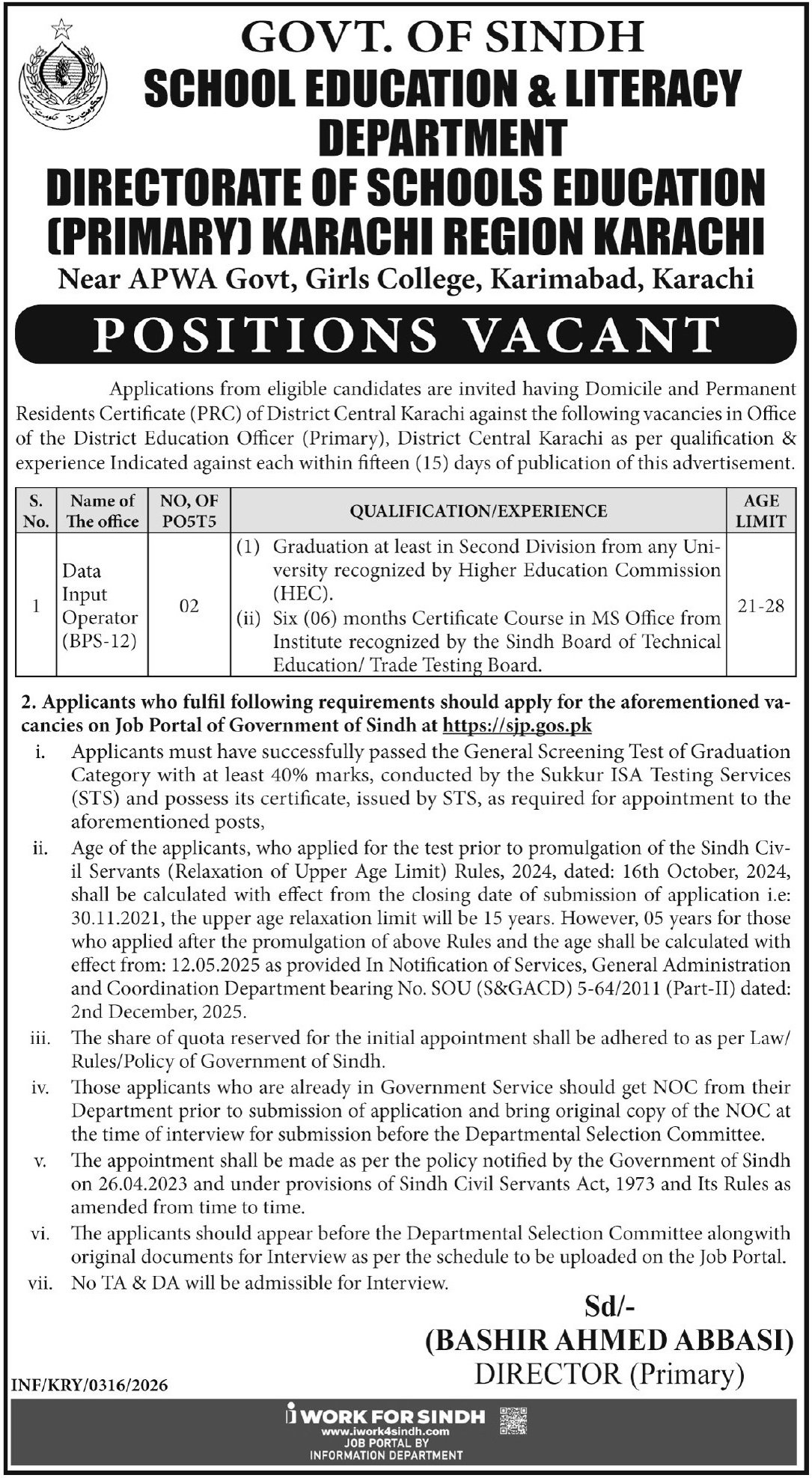 Directorate Of Schools Education Primary Sindh Jobs 2026